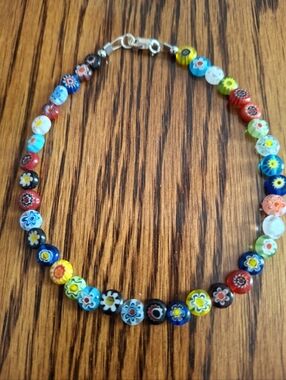 Anklet Millefiori Italian Flower Beads 9.5" Sterling Silver